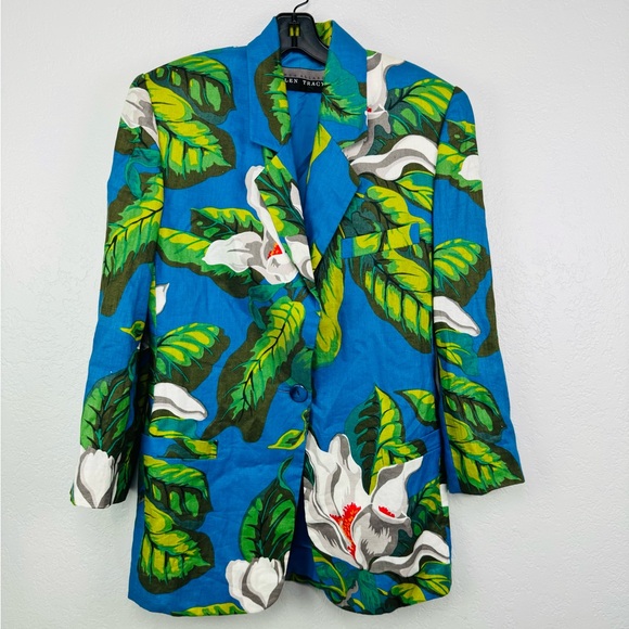 Ellen Tracy Lina Allard Linen Tropical Floral Blue Blazer Skirt Set - Picture 2 of 15